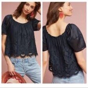 🧺Anthropologie Moulinette Soeurs Black Messina Lace Puff Sleeved Blouse, NWT, M